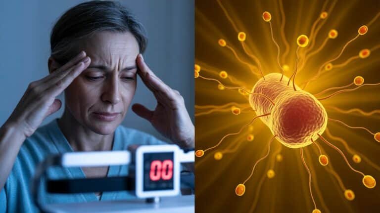 Woman over 40 frustrated with weight loss showing mitochondrial decline and cellular energy connection