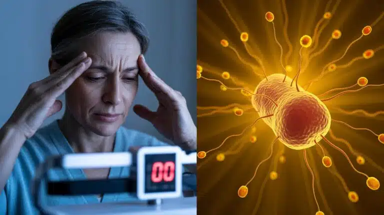 Woman over 40 frustrated with weight loss showing mitochondrial decline and cellular energy connection
