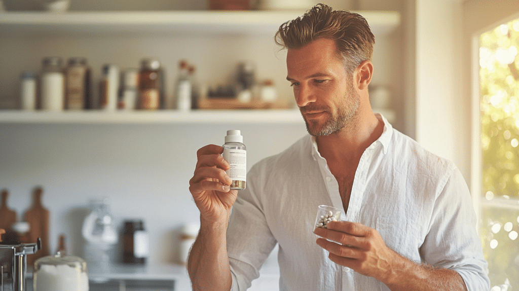 A man in his late 30s carefully reading a natural supplement bottle label in a bright modern kitchen — understanding FDA supplement regulations