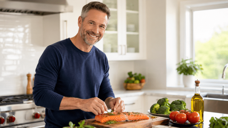 A healthy man in his 40s preparing salmon with broccoli, tomatoes, and olive oil — best foods for prostate health