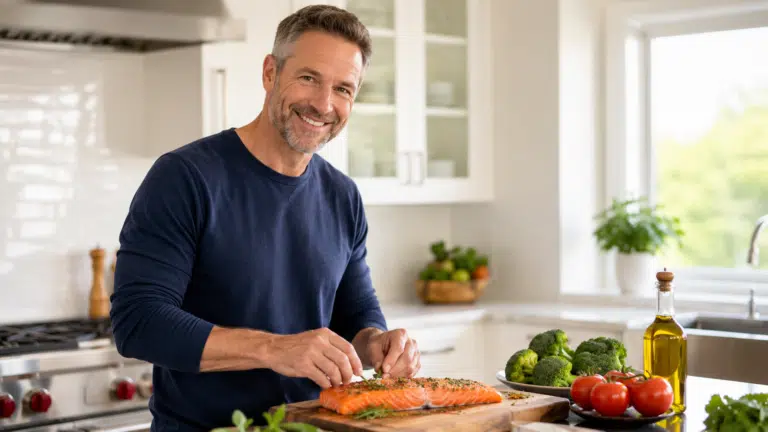 A healthy man in his 40s preparing salmon with broccoli, tomatoes, and olive oil — best foods for prostate health