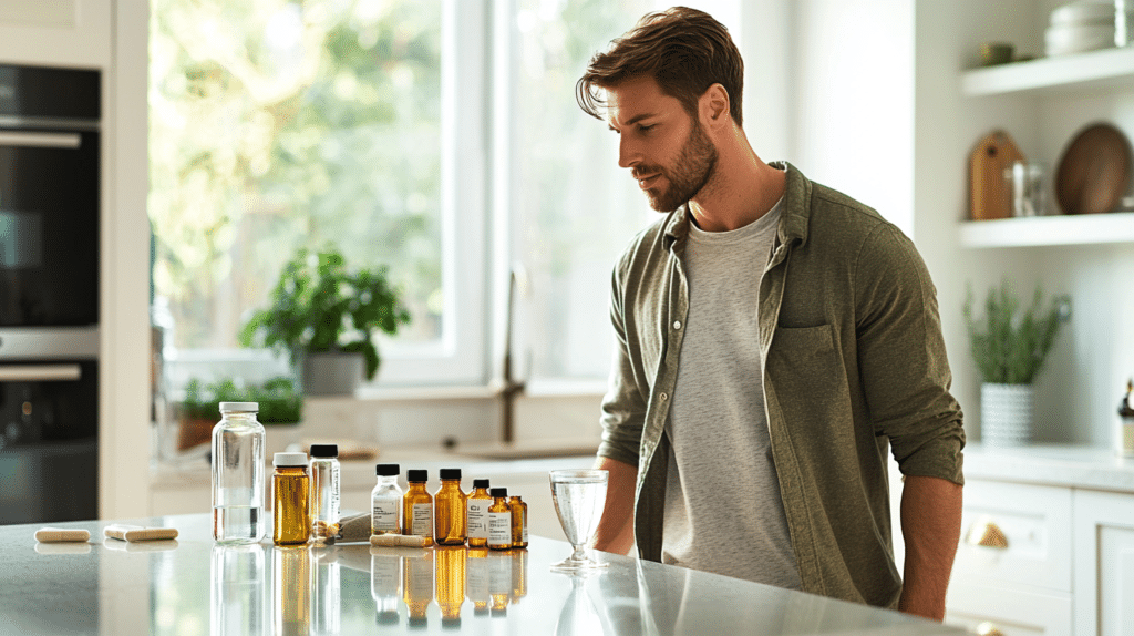 A man in his 30s reviewing dietary supplement bottles on a kitchen counter — beginner's guide to supplements for men