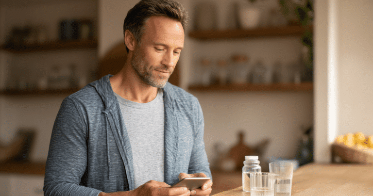 A man in his 40s reading a supplement label in his kitchen with a supplement bottle and water glass on the counter