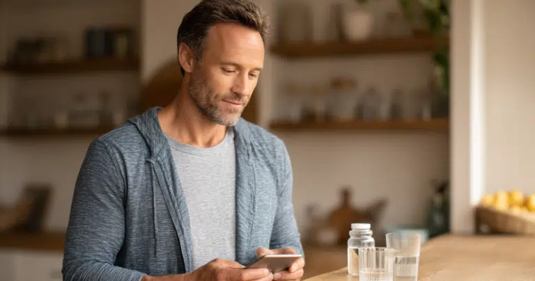 A man in his 40s reading a supplement label in his kitchen with a supplement bottle and water glass on the counter
