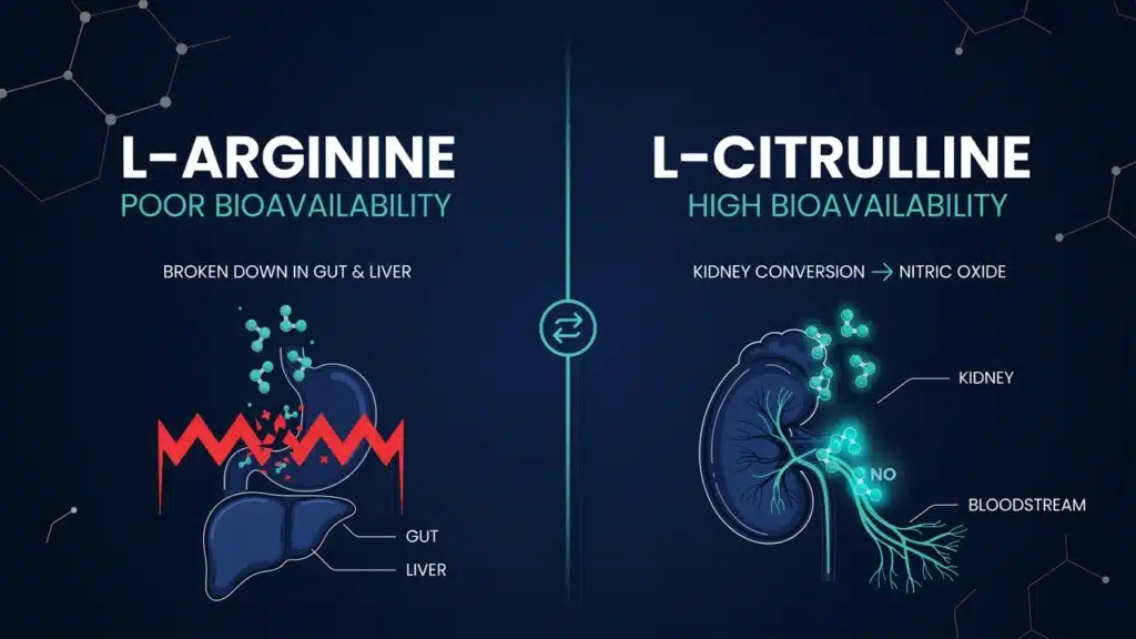 L-Arginine vs L-Citrulline for Blood Flow (2026): Which One Actually Works? Split-panel health science illustration comparing the L-Arginine gut barrier breakdown pathway and the L-Citrulline kidney conversion route to elevated nitric oxide and improved blood flow