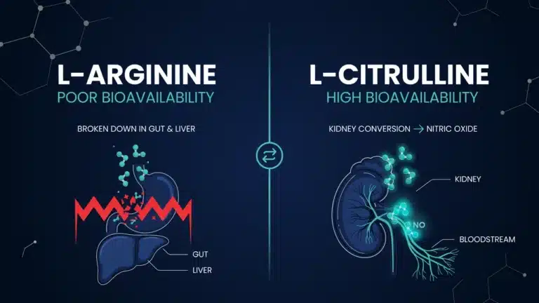 Split-panel health science illustration comparing the L-Arginine gut barrier breakdown pathway and the L-Citrulline kidney conversion route to elevated nitric oxide and improved blood flow