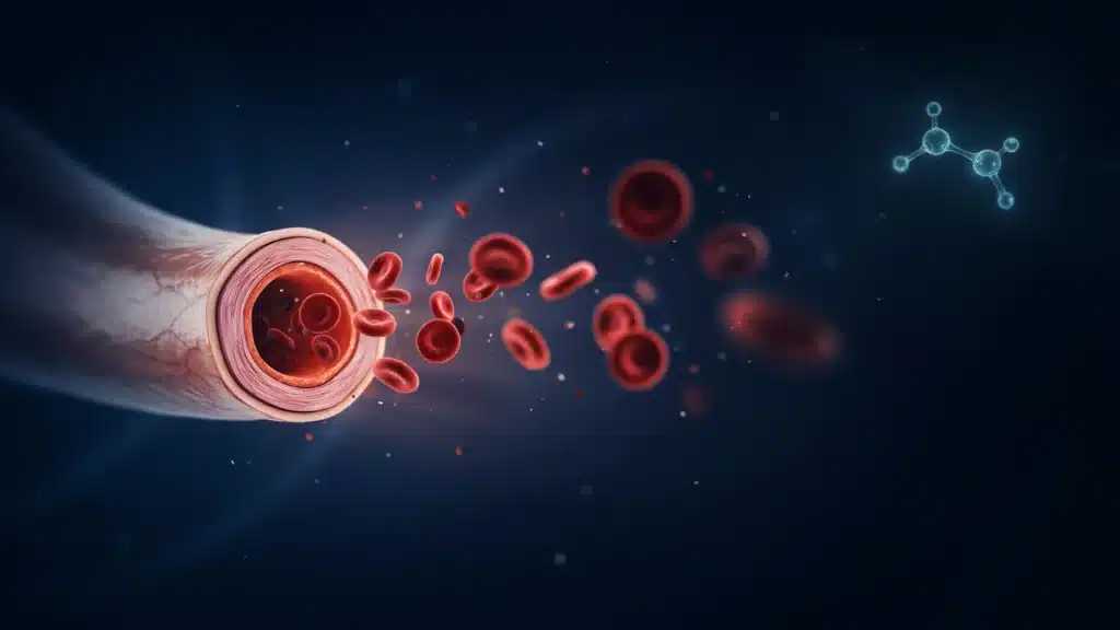 What Is Nitric Oxide and Why Does It Matter for Men’s Health? Illuminated artery cross-section with nitric oxide molecular overlay representing cardiovascular health in men