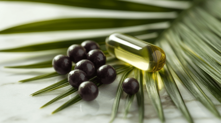 Saw palmetto berries (Serenoa repens) and a softgel capsule on marble surface — natural prostate health supplement