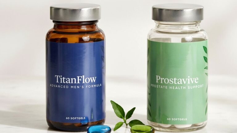 TitanFlow vs Prostavive prostate supplement comparison — two bottles side by side on marble surface with softgel capsules and green leaves, 2026