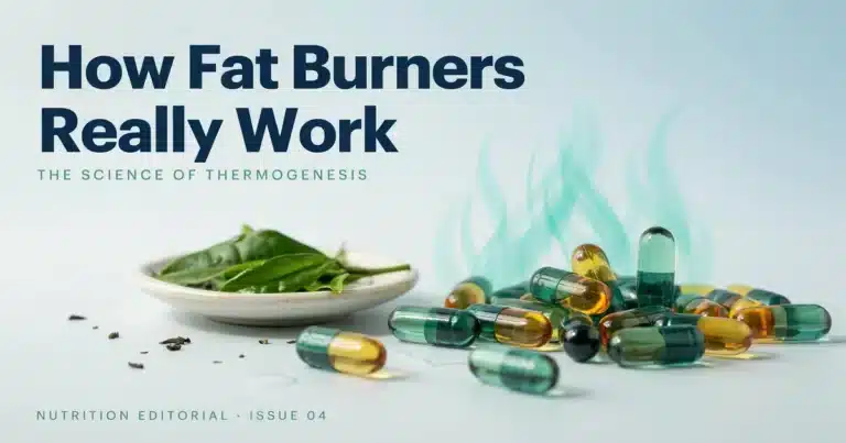 Fat burner supplement capsules and green tea leaves illustrating how thermogenesis works