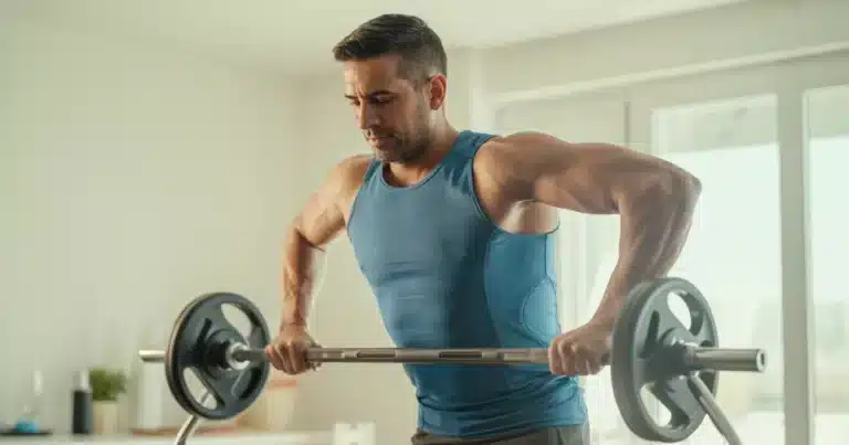 Man in his 40s doing barbell squats to increase metabolism through strength training