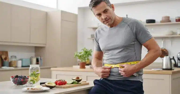 Man tracking waist size in kitchen as part of a natural belly fat loss routine