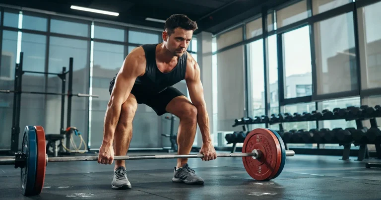 Man performing a barbell deadlift in a modern gym to naturally increase testosterone through strength training