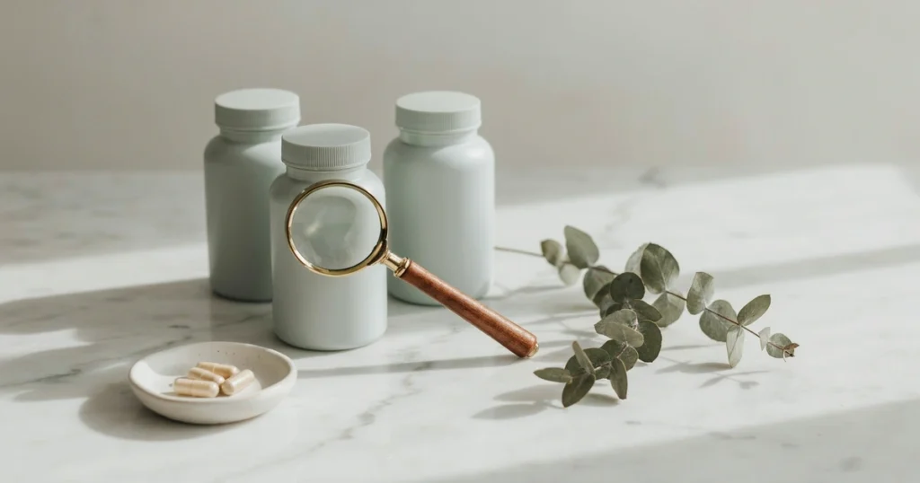 How to Choose a High-Quality Supplement (2026 Guide) Unbranded supplement bottles being inspected for third-party certification