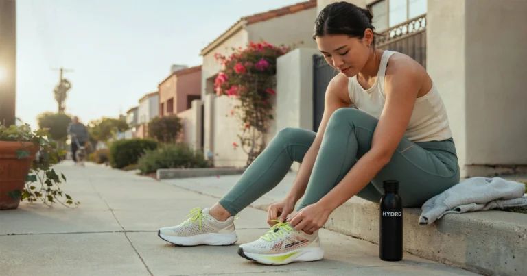 Woman tying her running shoe laces on a sidewalk before a morning run