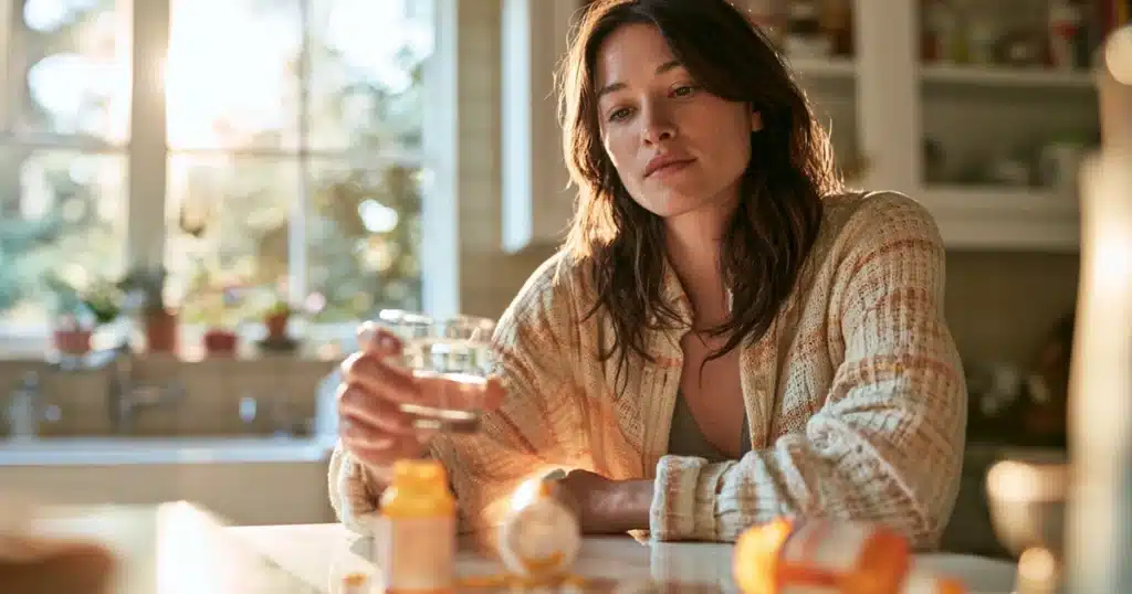 Women’s Health Supplements: The Complete Guide (2026) Woman holding women's health supplements and a glass of water in a bright kitchen