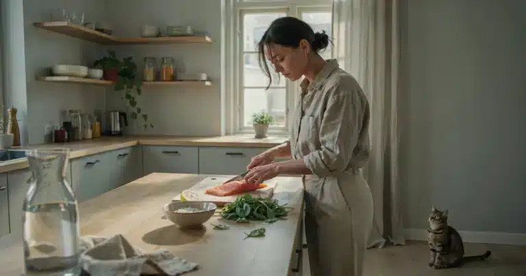 Woman preparing a salmon and leafy greens meal to help balance female hormones naturally
