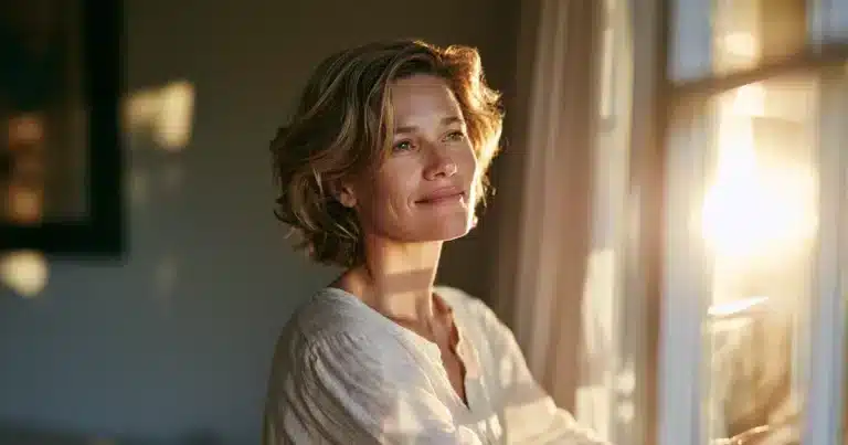 Woman reflecting on hormonal weight gain and wellness in soft morning light
