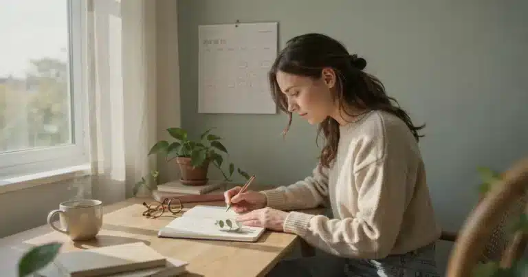 Woman journaling and tracking her hormone cycle calendar in natural light