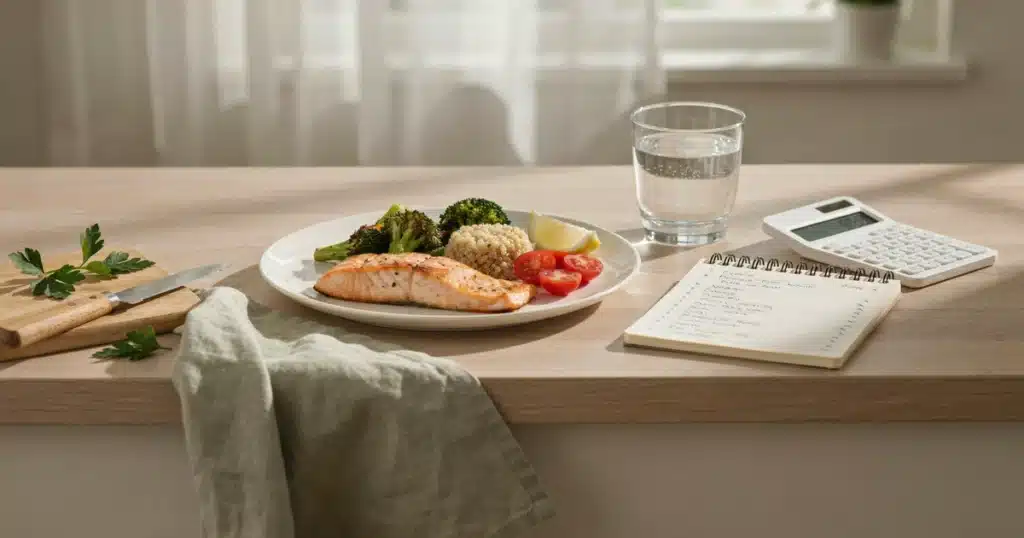What Is a Calorie Deficit? How It Works and How to Do It Safely Balanced plate of whole foods representing a healthy calorie deficit diet
