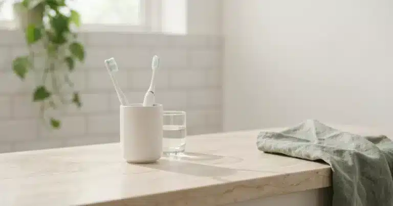 Electric vs manual toothbrush displayed in a countertop holder