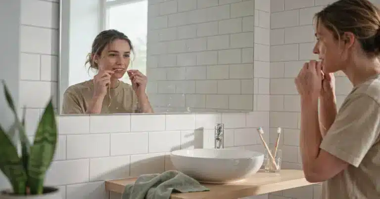 Person flossing at a bathroom mirror building a daily flossing habit