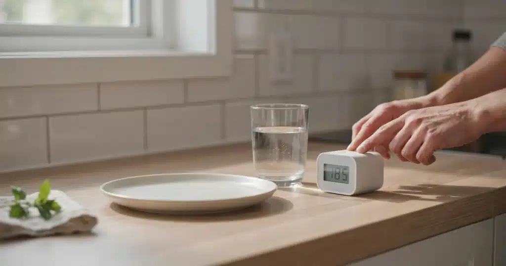 What Is Intermittent Fasting? How It Works for Weight Loss Hands setting a digital clock in a kitchen to represent intermittent fasting for weight loss scheduling