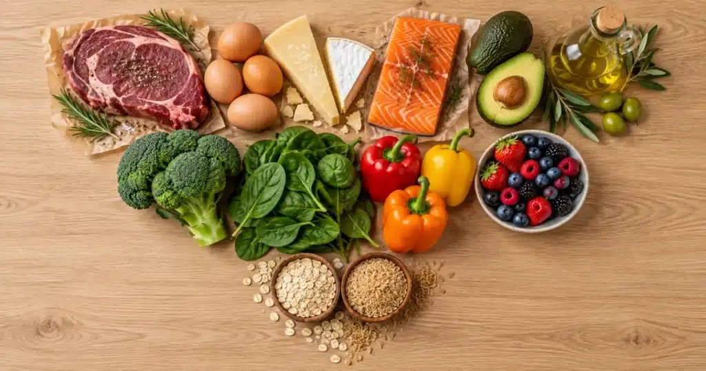 Does the New Food Pyramid Support Keto? A Fact-Checked Answer (2026) Whole foods arranged in an upside-down pyramid, with protein and healthy fats at the top and whole grains at the tip, illustrating the new food pyramid and keto