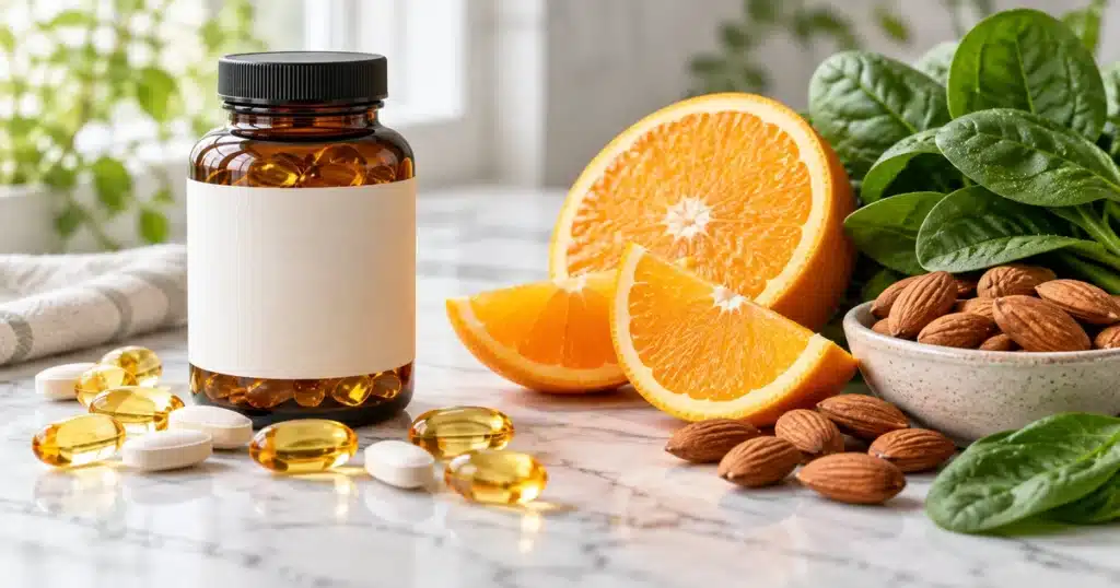 Synthetic vs. Natural Vitamins: Which Is Better? A Vitamin-by-Vitamin Guide (2026) Synthetic vs natural vitamins: supplement capsules and tablets beside orange slices, almonds, and spinach