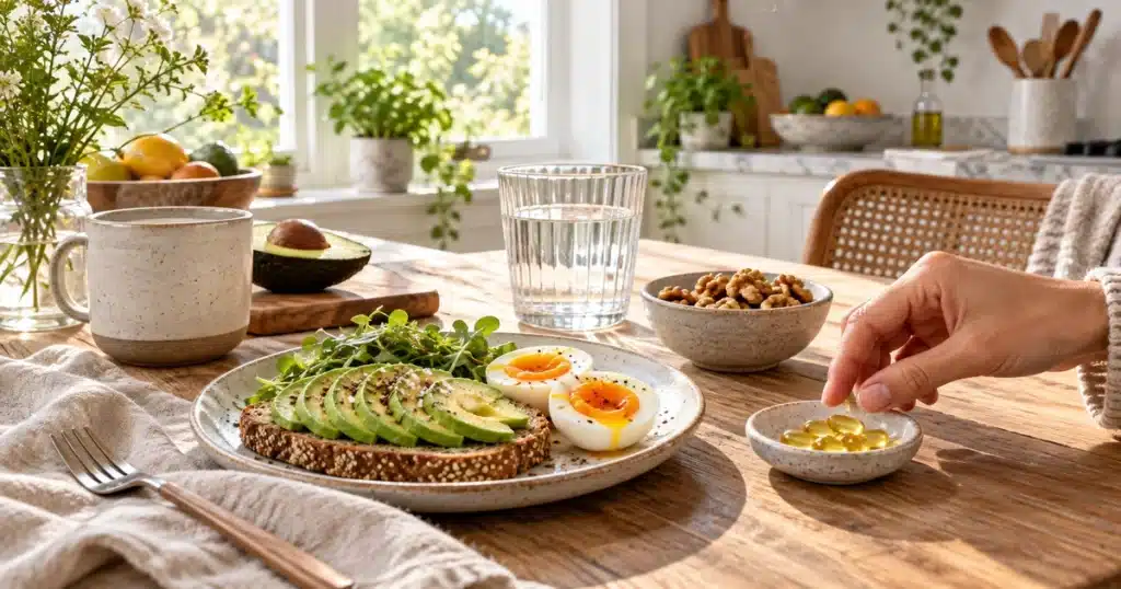 What Is Bioavailability in Supplements? A Plain-English Guide (2026) Vitamin D softgels on a breakfast table next to avocado toast, eggs, and walnuts for better absorption