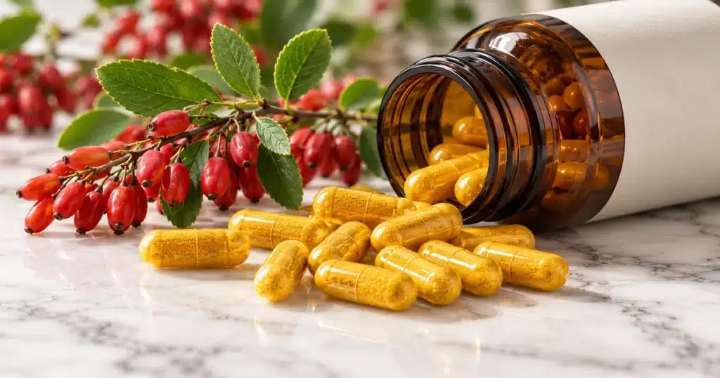 Berberine for Weight Loss: What the Research Actually Shows in 2026 Berberine for weight loss: yellow herbal capsules beside a fresh barberry branch with red berries