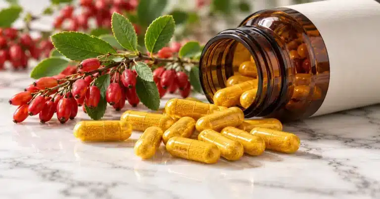 Berberine for weight loss: yellow herbal capsules beside a fresh barberry branch with red berries