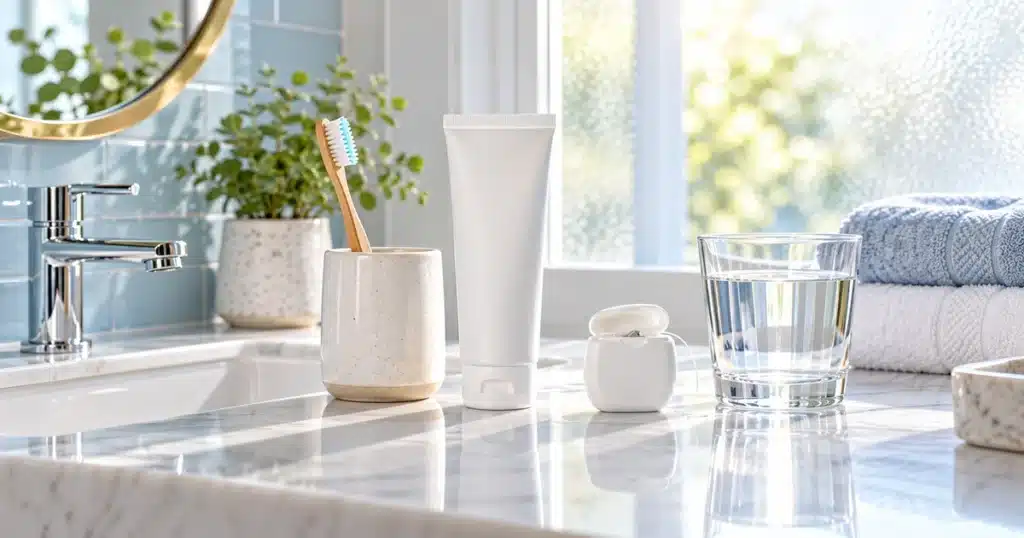 What Is the Oral Microbiome? The Bacteria That Protect Your Teeth and Gums Toothbrush, toothpaste, floss, and a glass of water on a bathroom counter for a healthy oral microbiome
