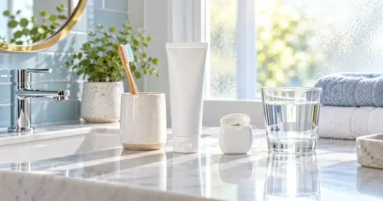 Toothbrush, toothpaste, floss, and a glass of water on a bathroom counter for a healthy oral microbiome