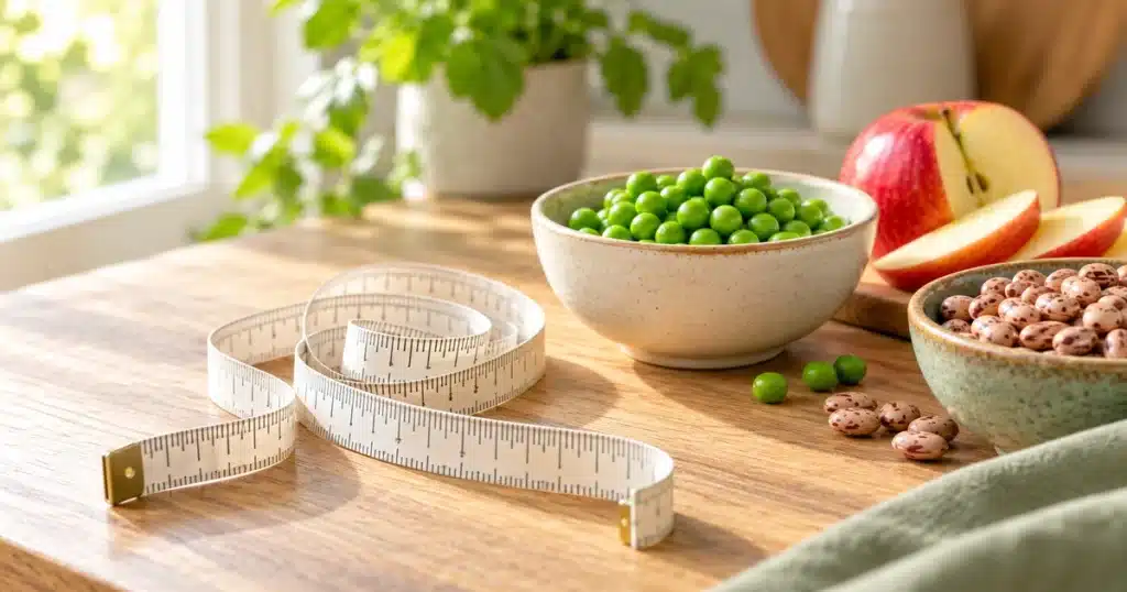 Tape measure next to a bowl of peas, apple slices, and pinto beans, showing how to reduce cortisol belly fat with soluble fiber