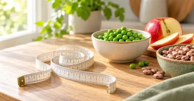 Tape measure next to a bowl of peas, apple slices, and pinto beans, showing how to reduce cortisol belly fat with soluble fiber
