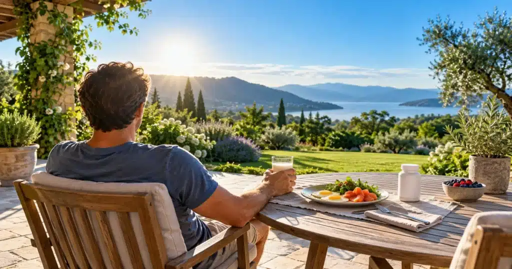 Vitamin D Benefits, Sources, Dosage, and Deficiency Signs Person sitting outdoors in morning sunlight with a breakfast of eggs, salmon, and milk, showing natural sources of vitamin D