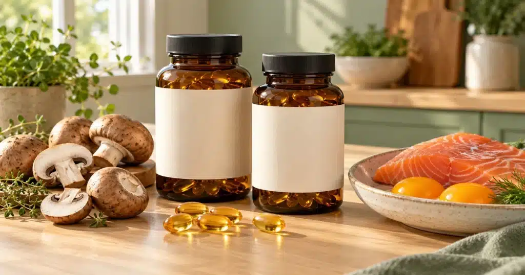 Vitamin D2 and D3 supplement bottles with mushrooms, salmon, and egg yolks as natural sources